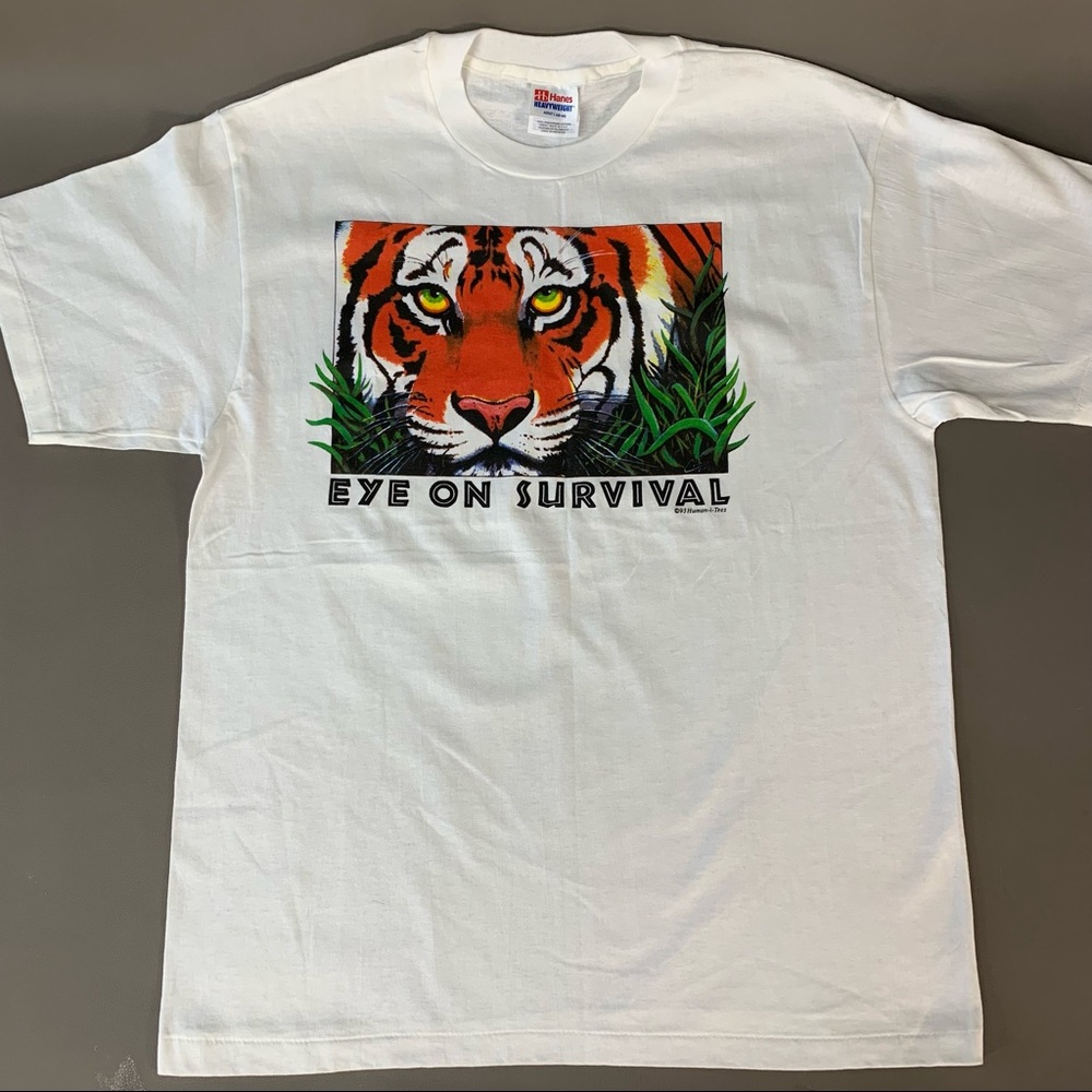 Vintage 1993 Human-i-Tees Nature Wildlife Tiger Eye on Survival Tee T-shirt L